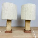 Pair of brutalist lamps pink sandstone and wool lampshade