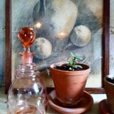 Pink engraved glass carafe