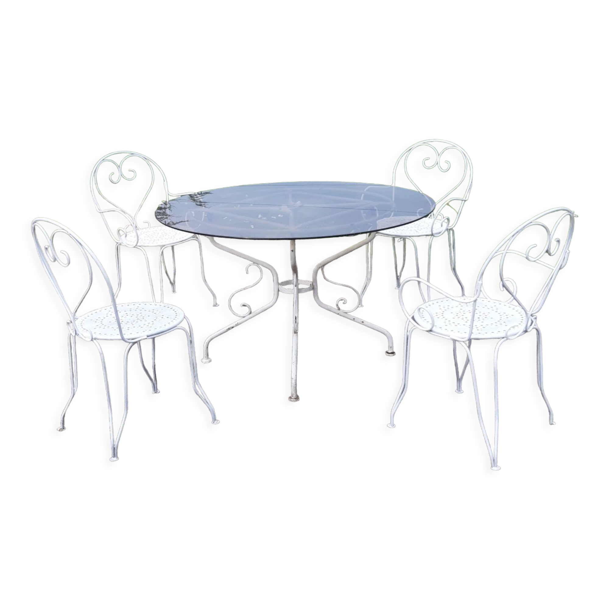 Garden furniture wrought iron and smoked glass 1900