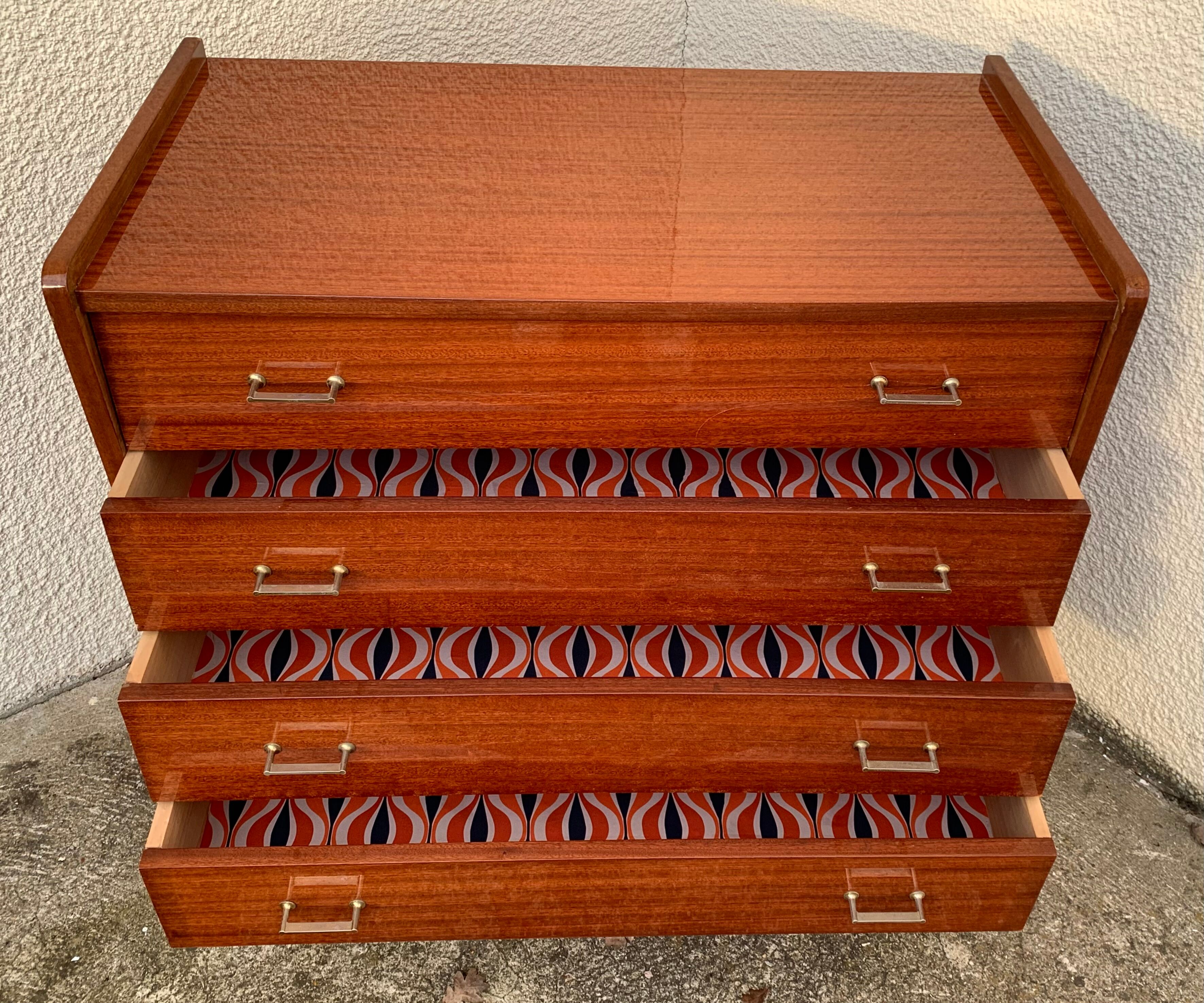 Vintage varnished teak chest of drawers 1970