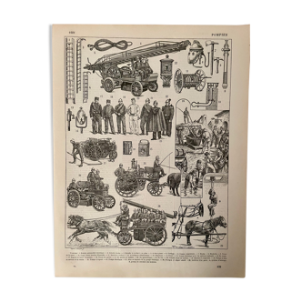 Lithographie gravure sur les pompiers de 1897