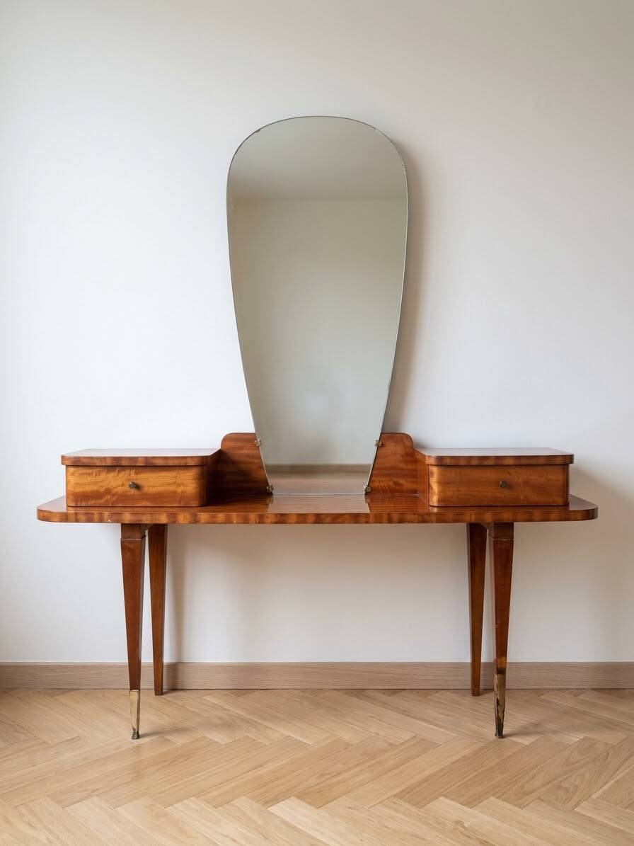 Vintage 1950s wooden vanity with mirror.