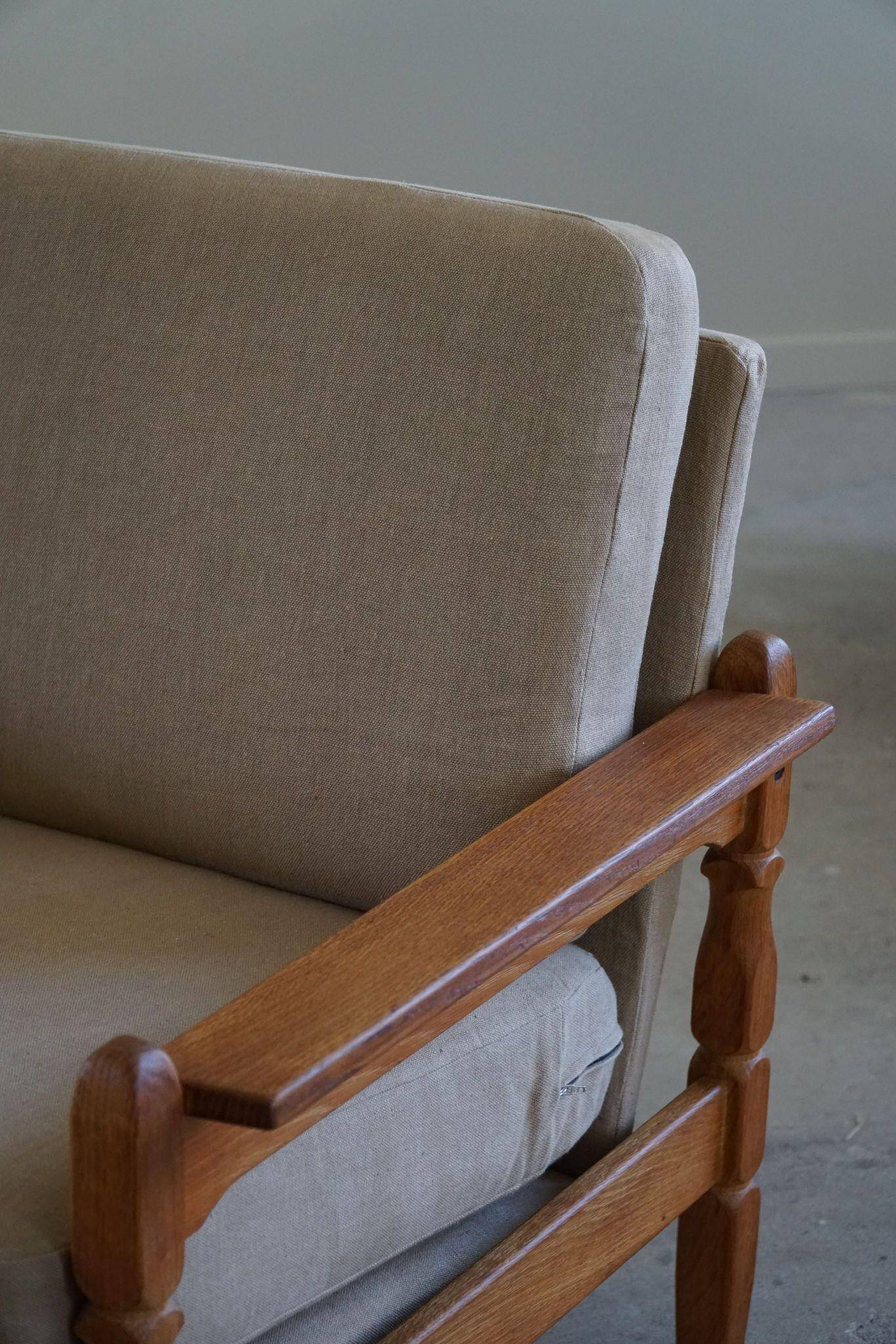 Modern Danish, Pair of Lounge Armchairs in Oak and Linen, Henning Kjærnulf, 1960s