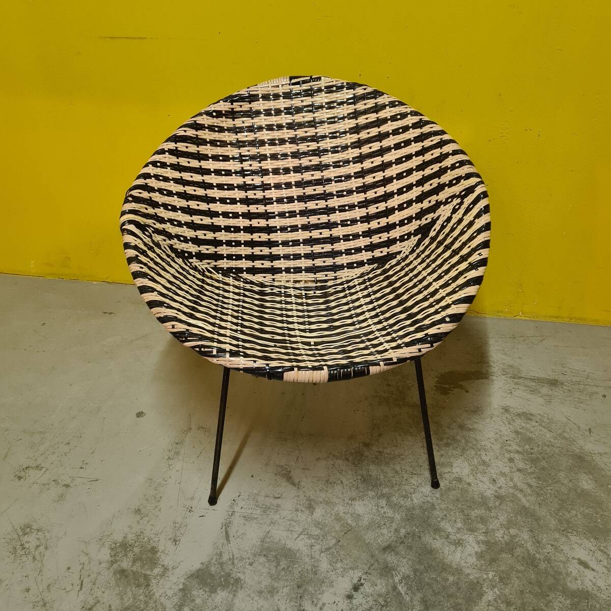 1960s Black and White Woven Round Bucket Chair