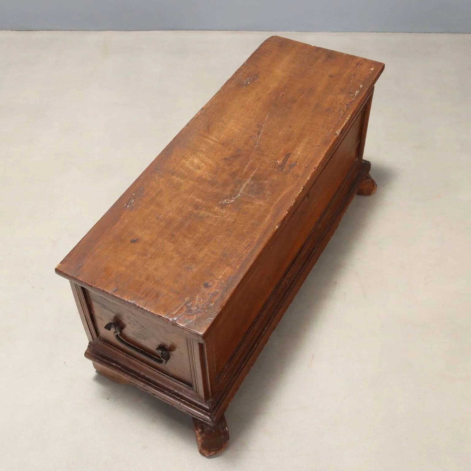 Antique walnut chest with wrought iron handles, Italy, 18th century.