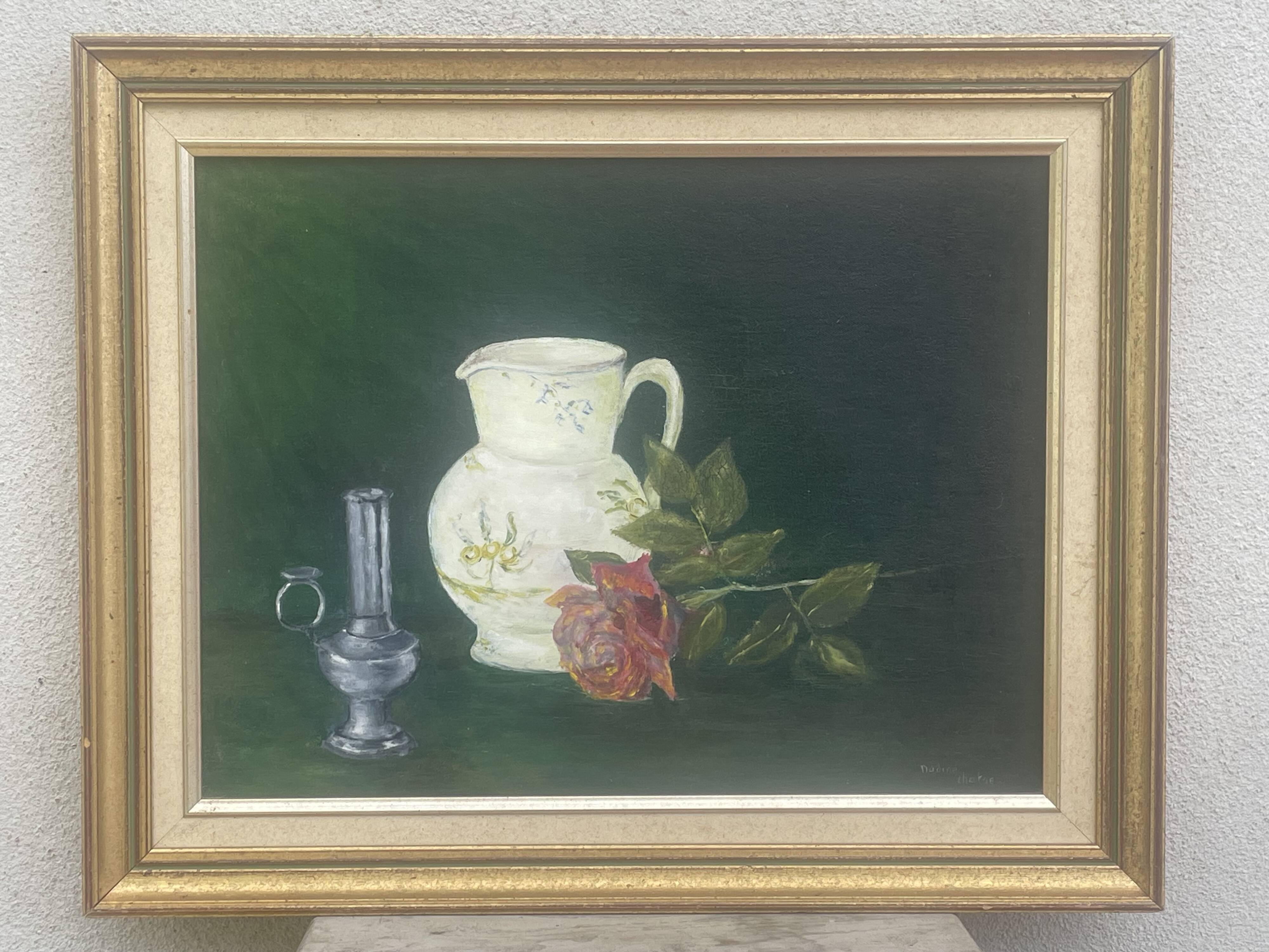 Painting Oil canvas mounted on panel, Still life, signed Nadine Chatre