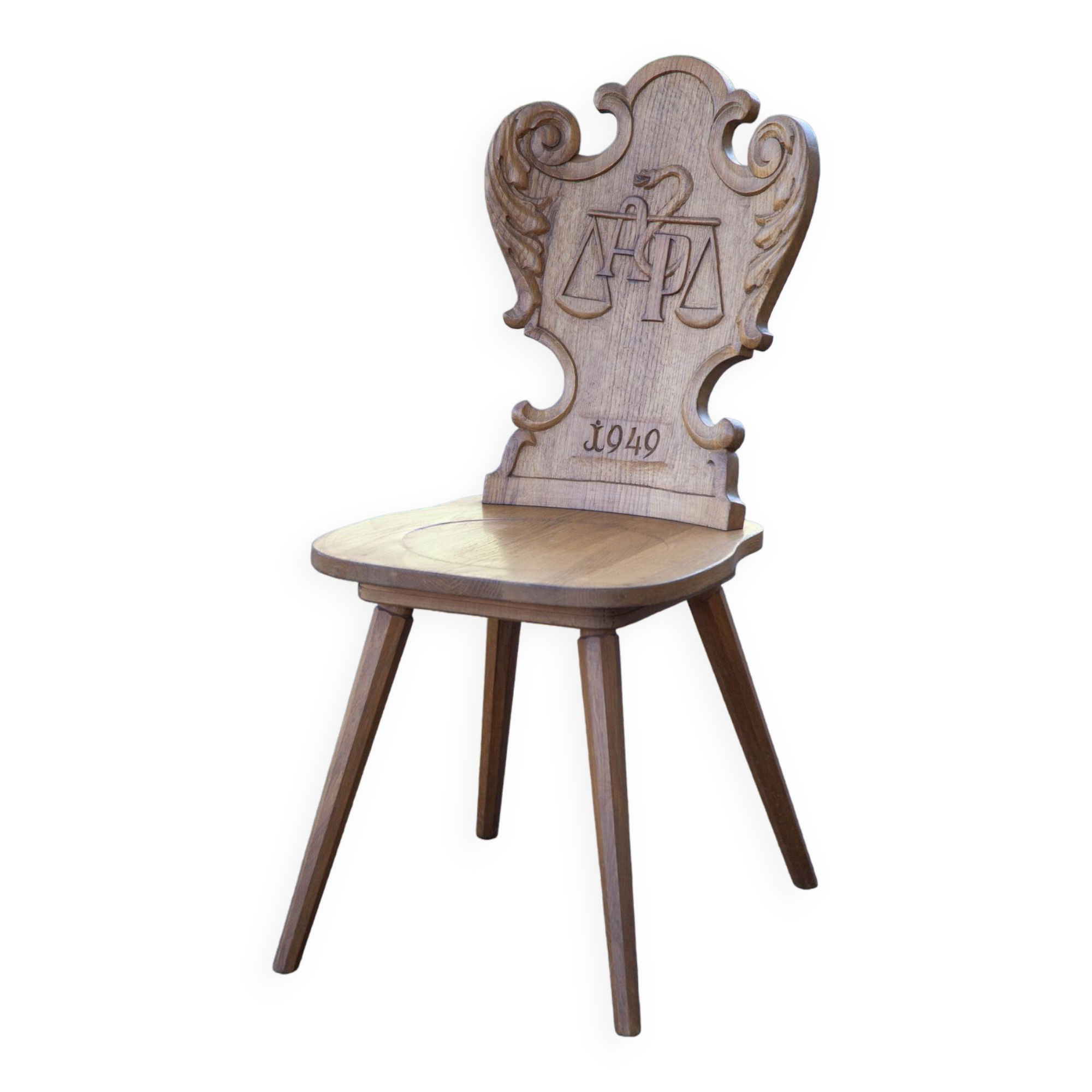 Set of 4 carved wooden stepladder chairs, pharmacy, brutalist, mountain style