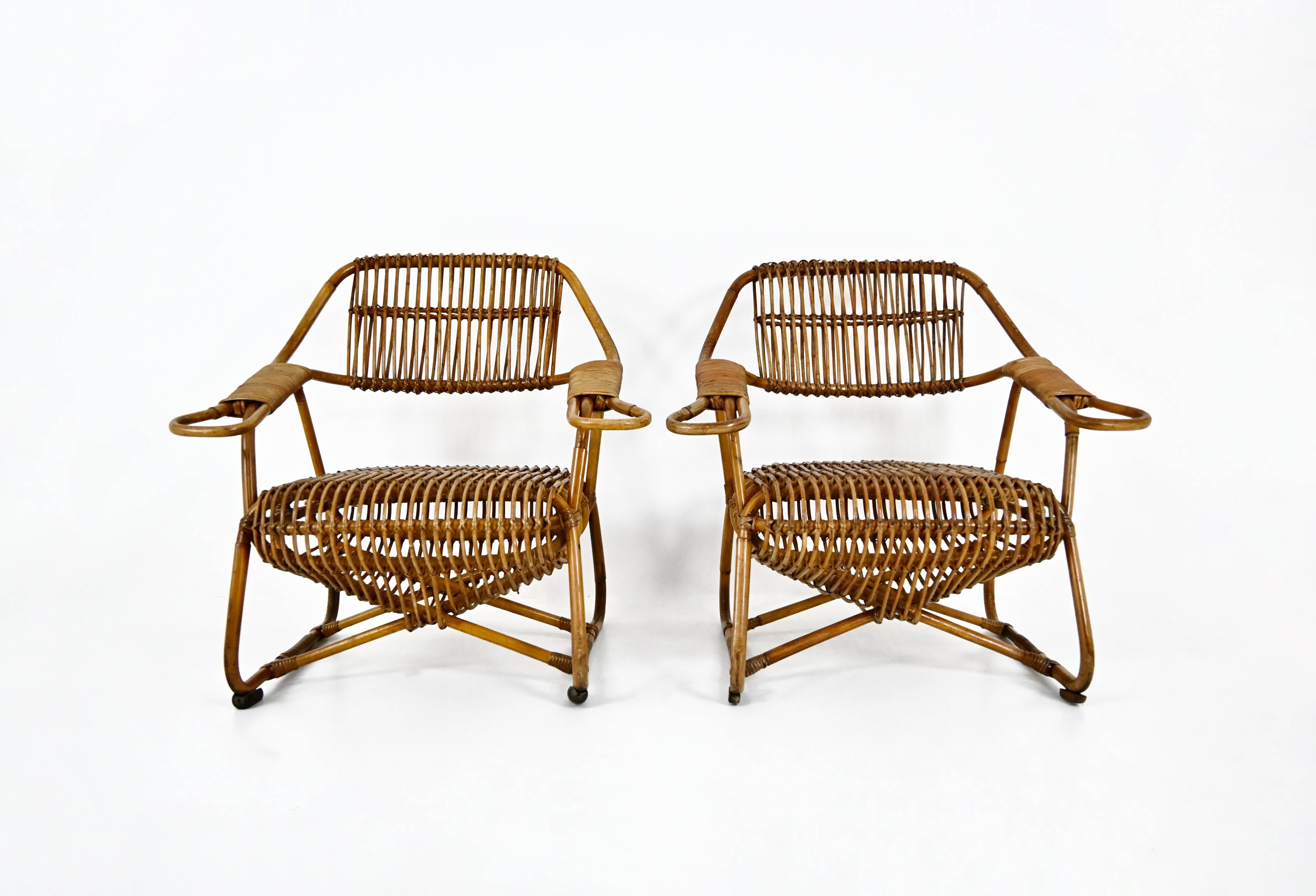 Pair of Italian rattan armchairs, 1960s