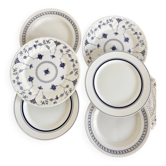 6 vintage mismatched blue and white porcelain dinner plates - Lot J