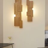 Pair of handcrafted Modernist wall lights in solid wood (oak) Circa 1980