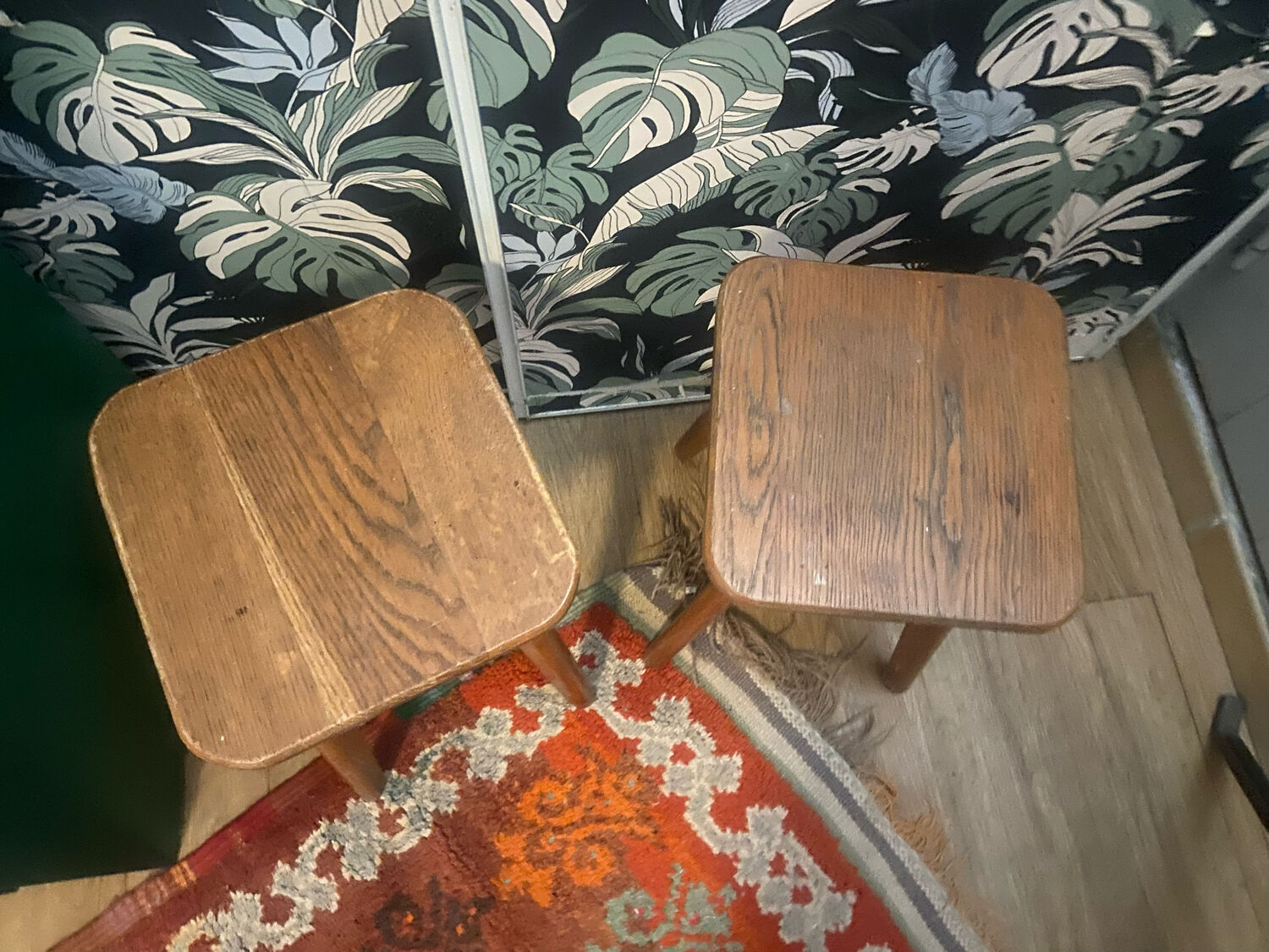 Pair of brutalist solid oak stools