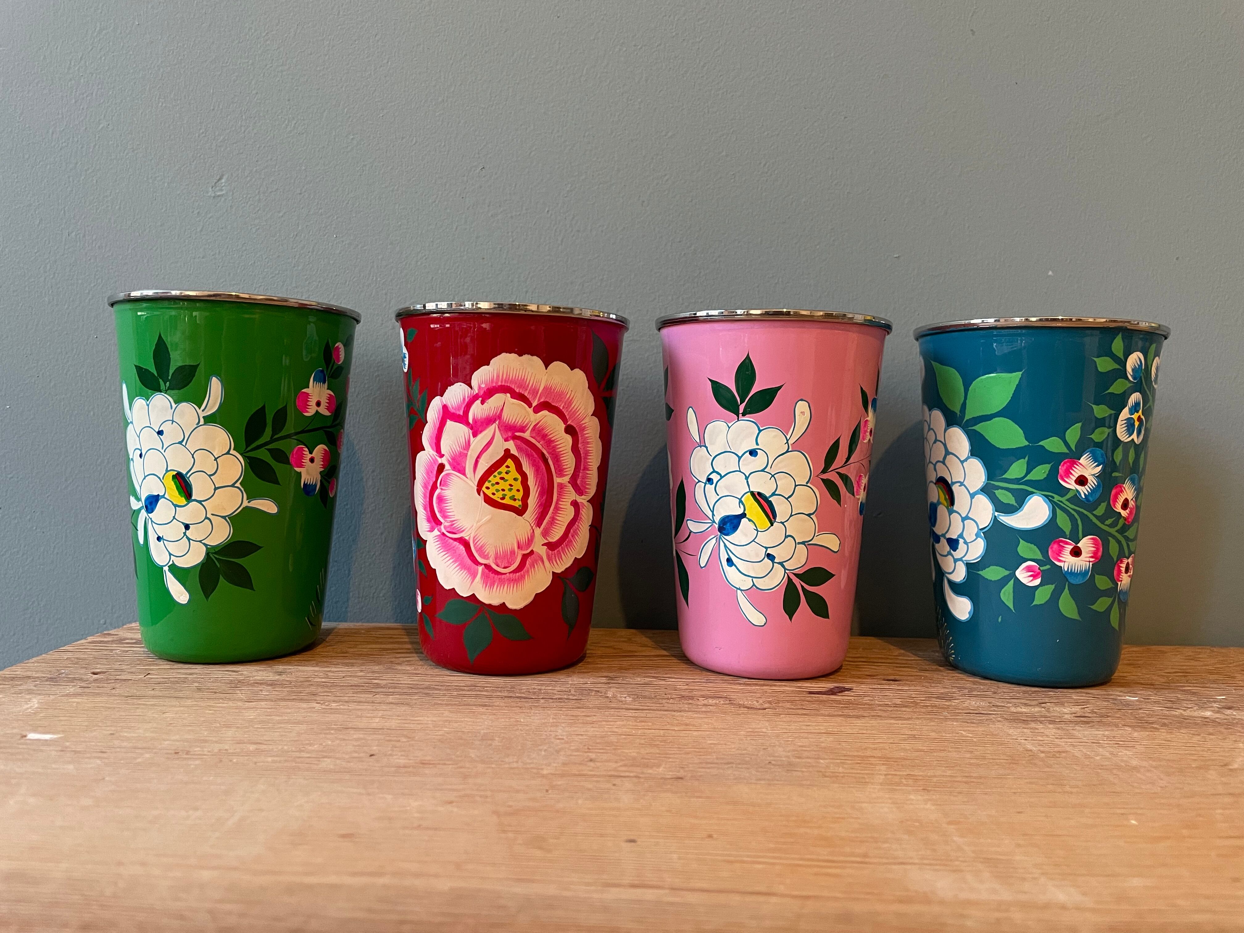 Set of 4 hand-painted stainless steel cups