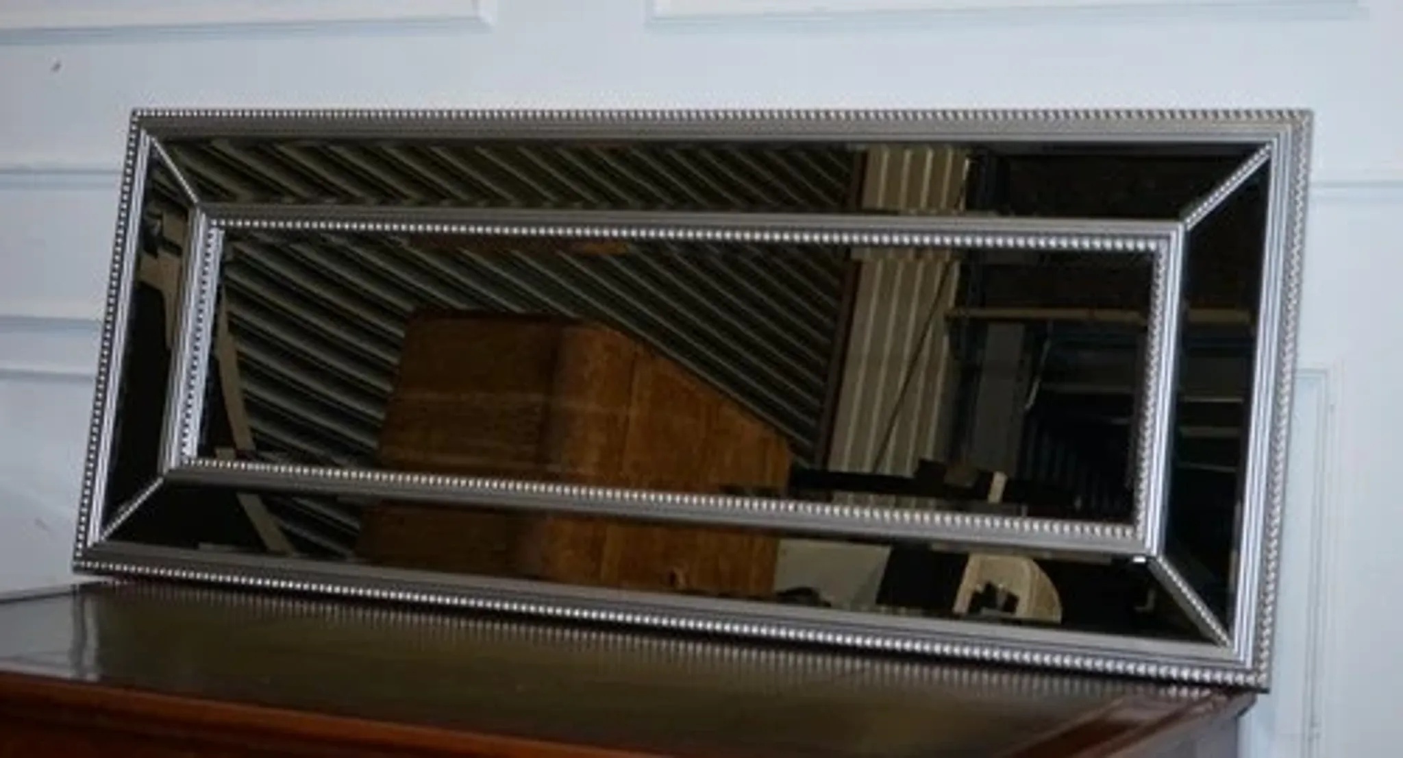 Large Bevelled Rectangular Mirror with Cushioned Silver Frame