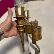 Spanish brutalist wall light in gilded wrought iron.
