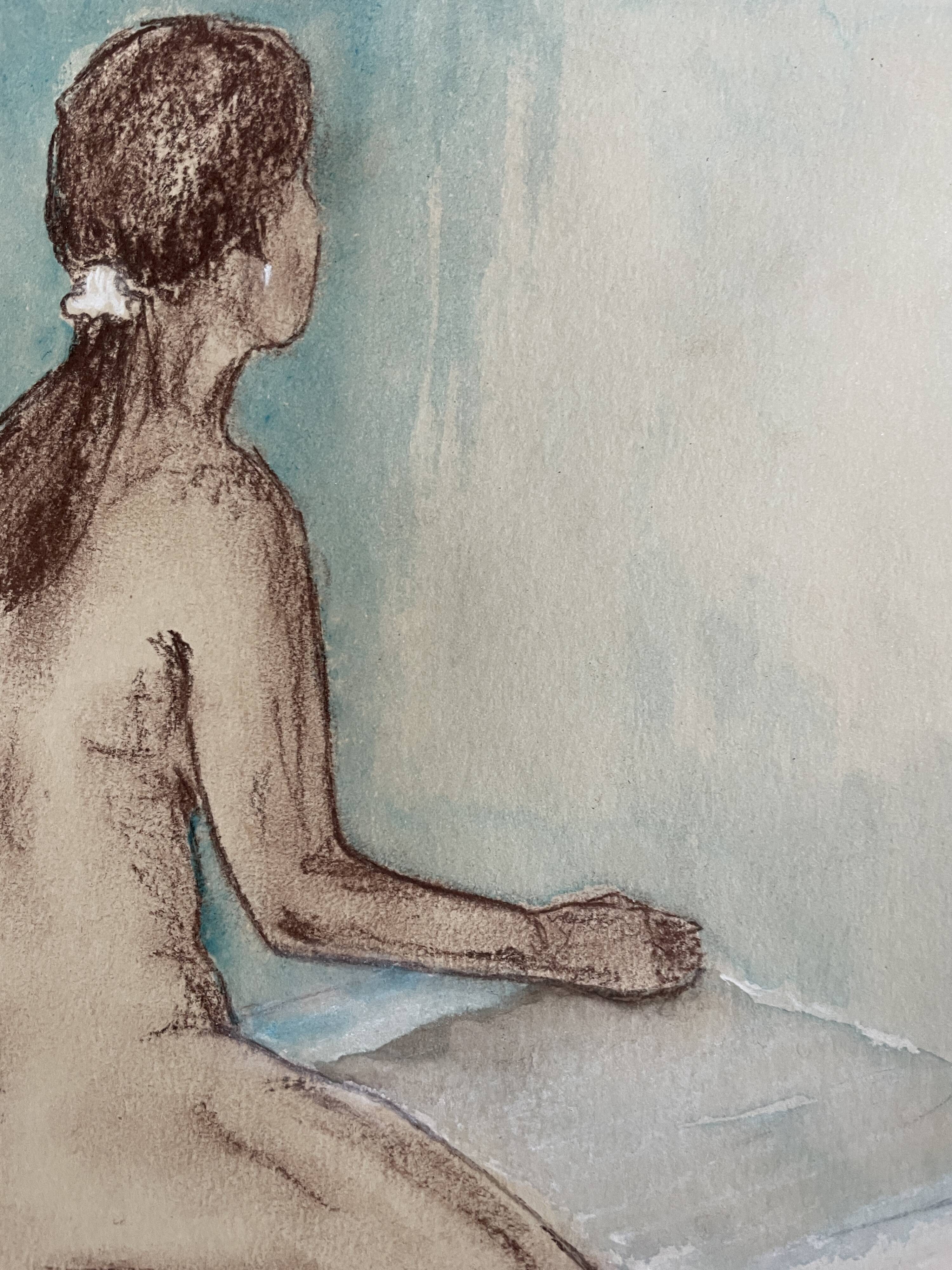 Painting signed sanguine watercolor female portrait “the pose”