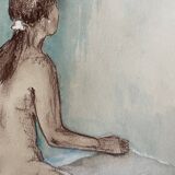 Painting signed sanguine watercolor female portrait “the pose”