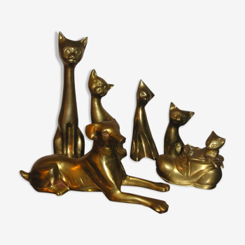 Set of 6 cats and dog in solid brass