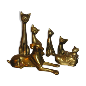 Lot of 6 cats and dogs in solid brass