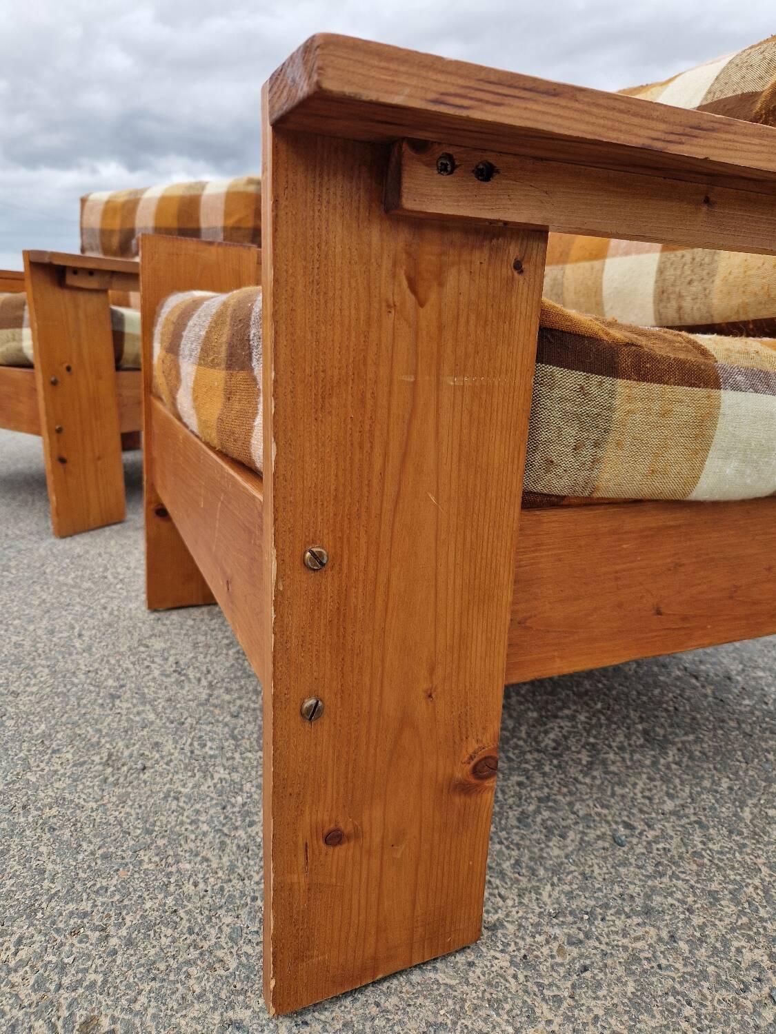 Pair of brutalist pine armchairs circa 1960