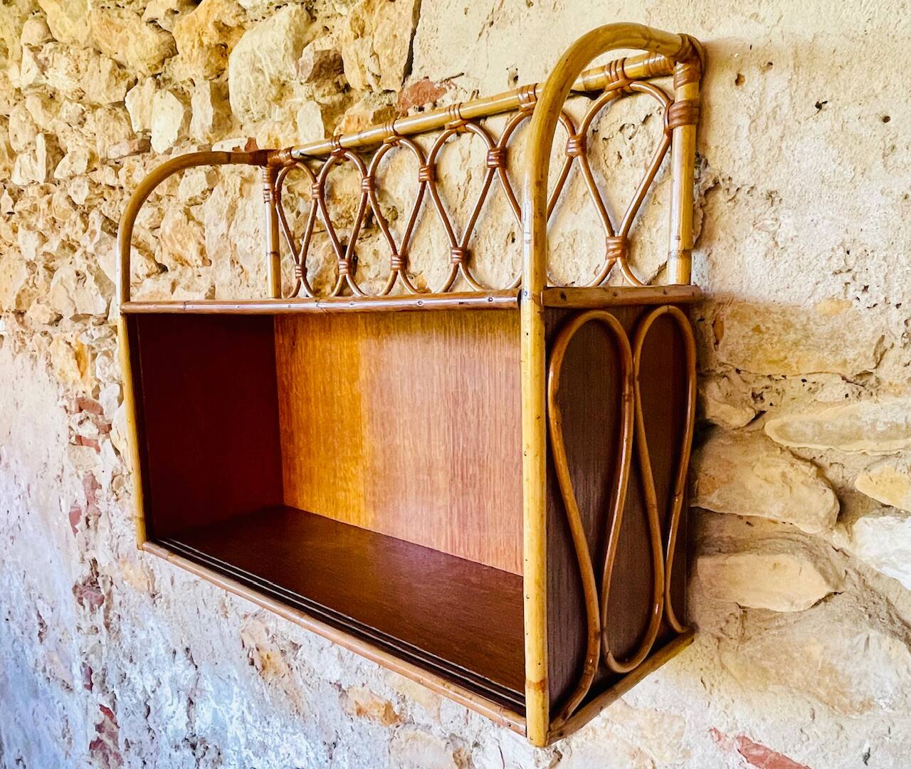 Vintage rattan and bamboo wall shelf with glass door cabinet, 1960s