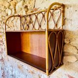 Vintage rattan and bamboo wall shelf with glass door cabinet, 1960s