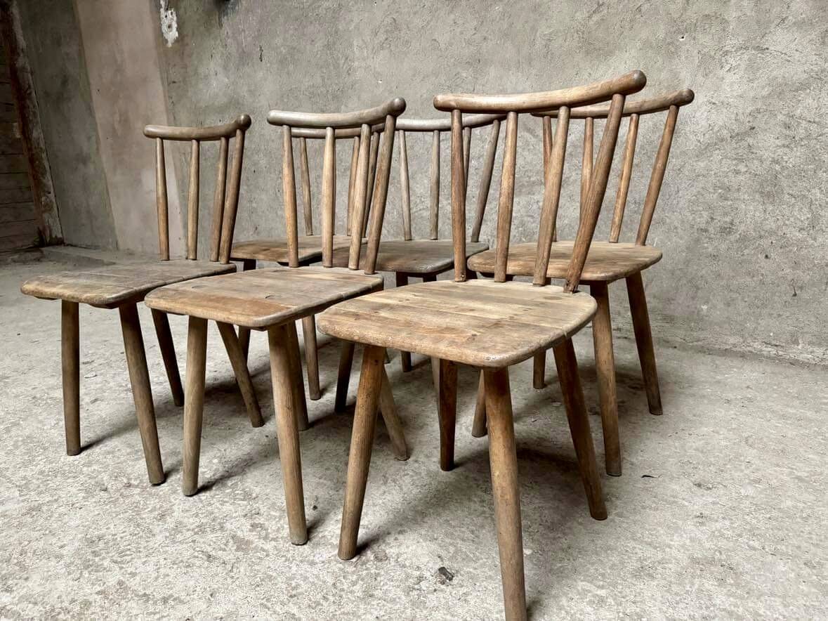Series Set of 6 old rustic Western bistro chairs in original patina wood
