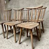 Series Set of 6 old rustic Western bistro chairs in original patina wood