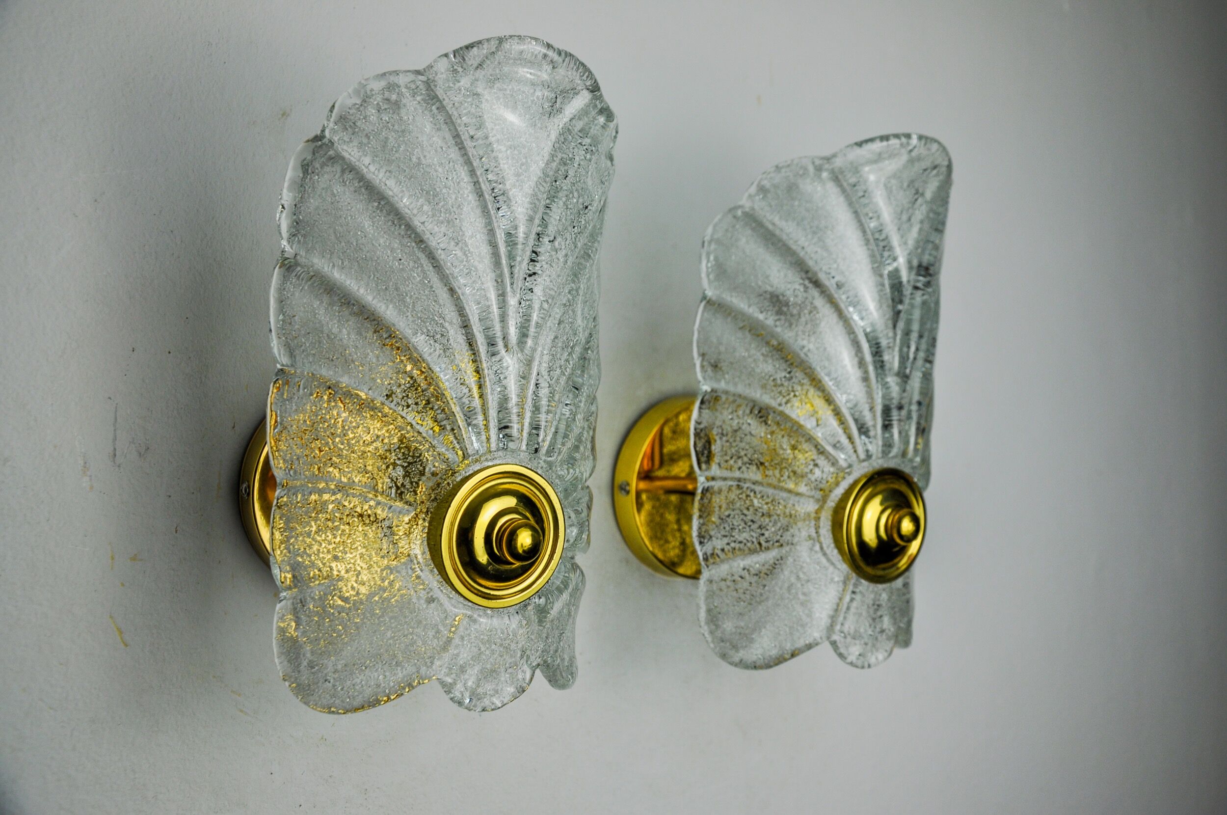 Pair of frosted leaf sconces, murano glass, italy, 1970
