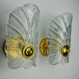 Pair of frosted leaf sconces, murano glass, italy, 1970
