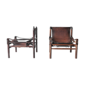 Pair of Safari armchairs, solid wood and leather, 60