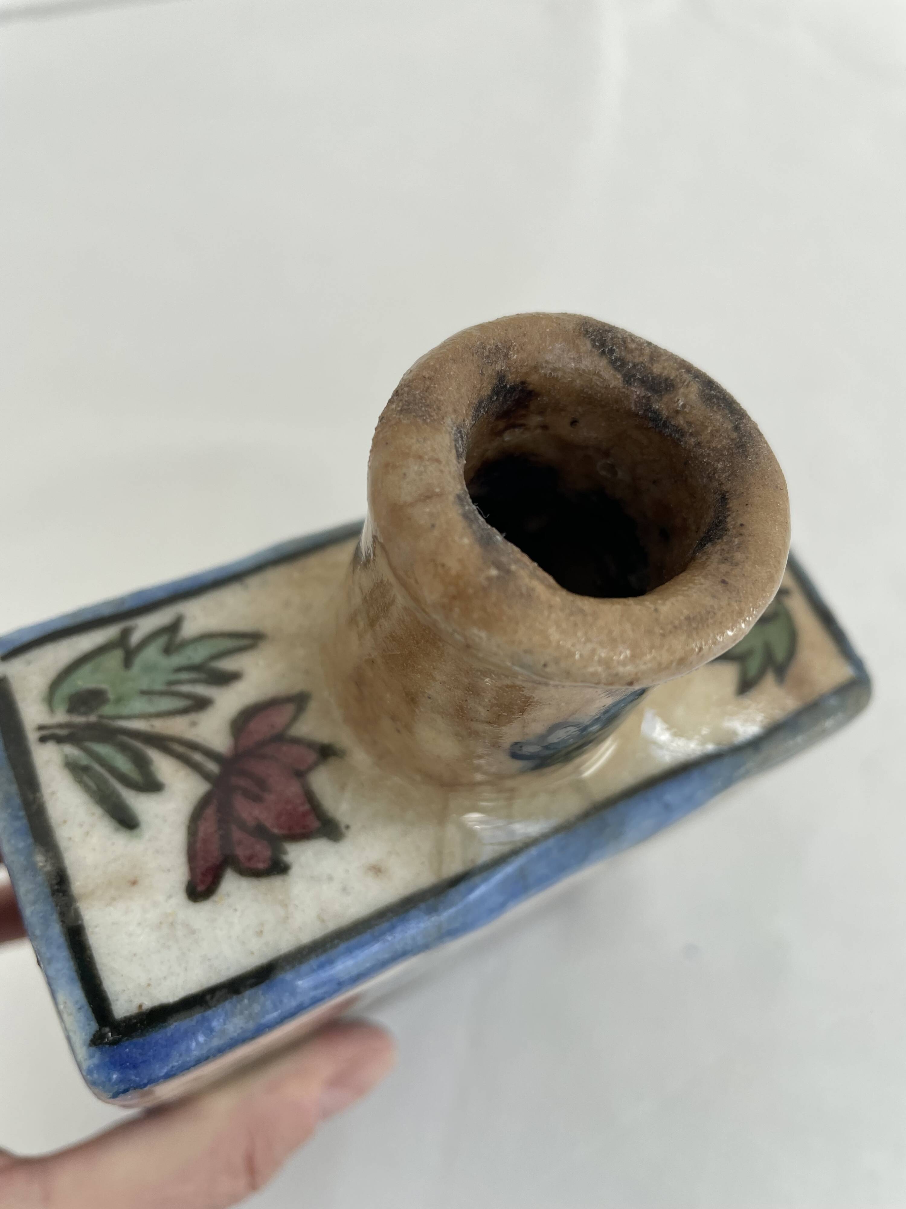 Persian bottle, antique vase with polychrome flower decoration, Kagjar style, antique ceramic