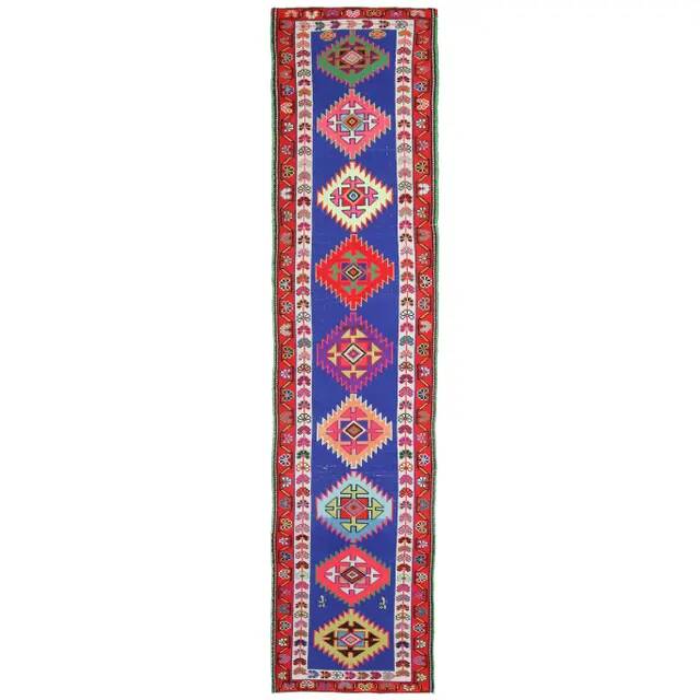 1970s Vintage Turkish Hand-Knotted Wool Cotton Blue Runner Rug 83x364