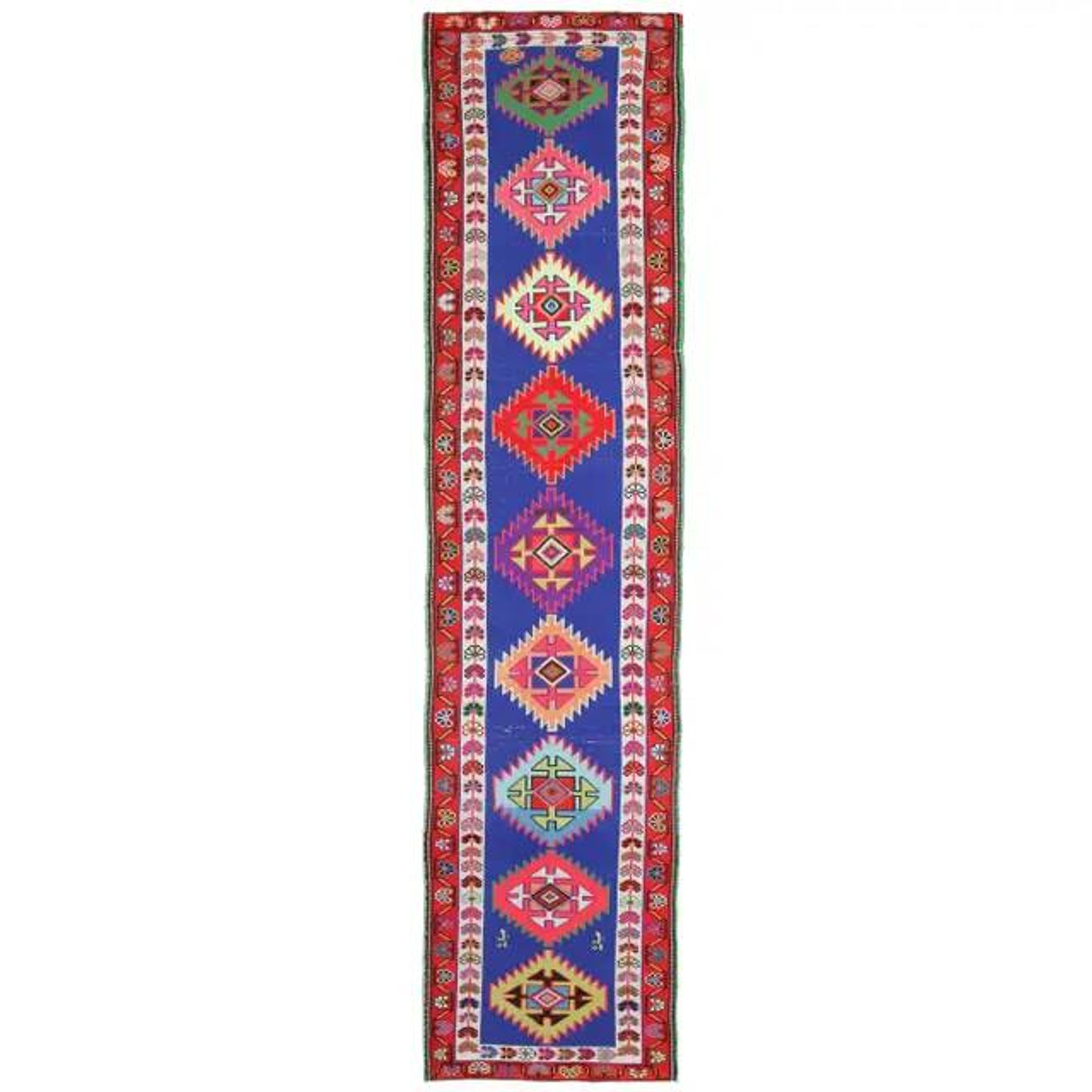 1970s Vintage Turkish Hand-Knotted Wool Cotton Blue Runner Rug 83x364