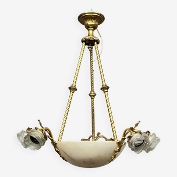 Art Deco chandelier. Marble, solid gilded bronze.