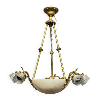 Art Deco chandelier. Marble, solid gilded bronze.