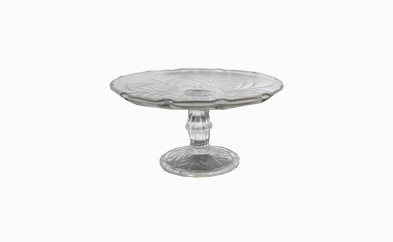 Présentoir à gâteaux antique en verre transparent, motif floral en relief, pied facetté (fin XIXe)