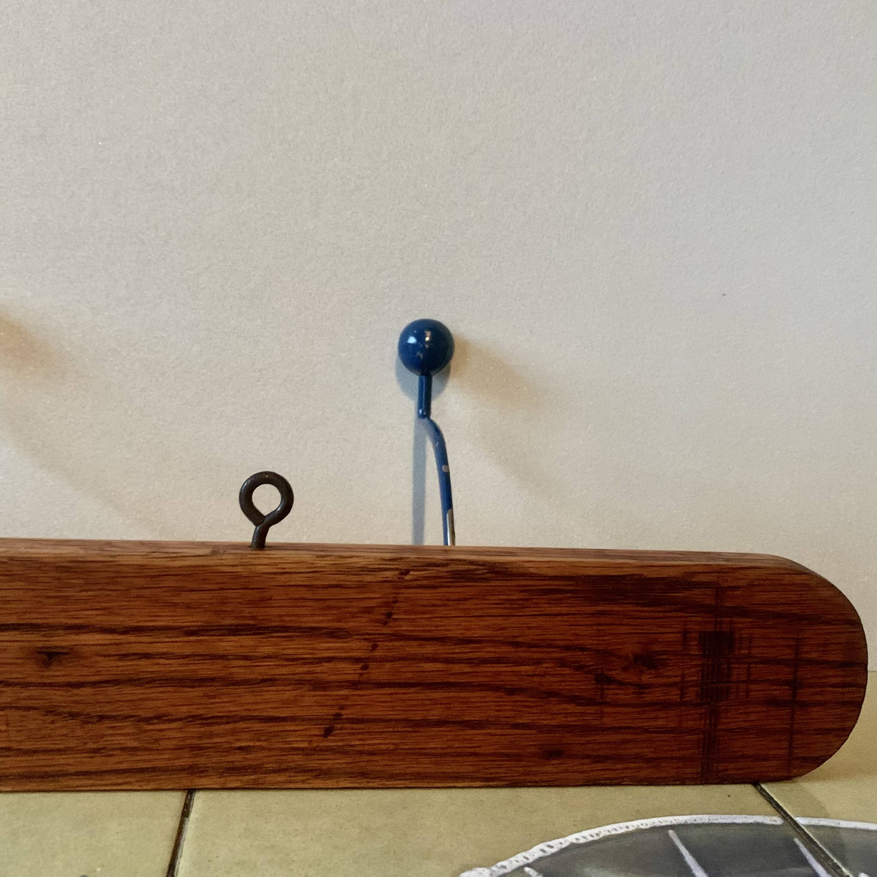Vintage wooden wall coat rack - triple coat hook with blue metal balls