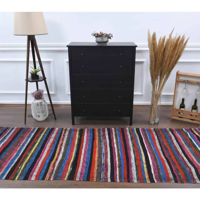 Vintage Turkish Hand-Knotted Wool Cotton Red Kilim Runner Rug 107x336