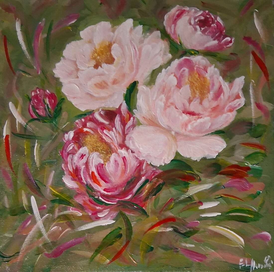 Tableau, painting, still life "The Peonies", signed.
