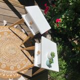 Pair of vintage bedside tables with high compass legs and top design
