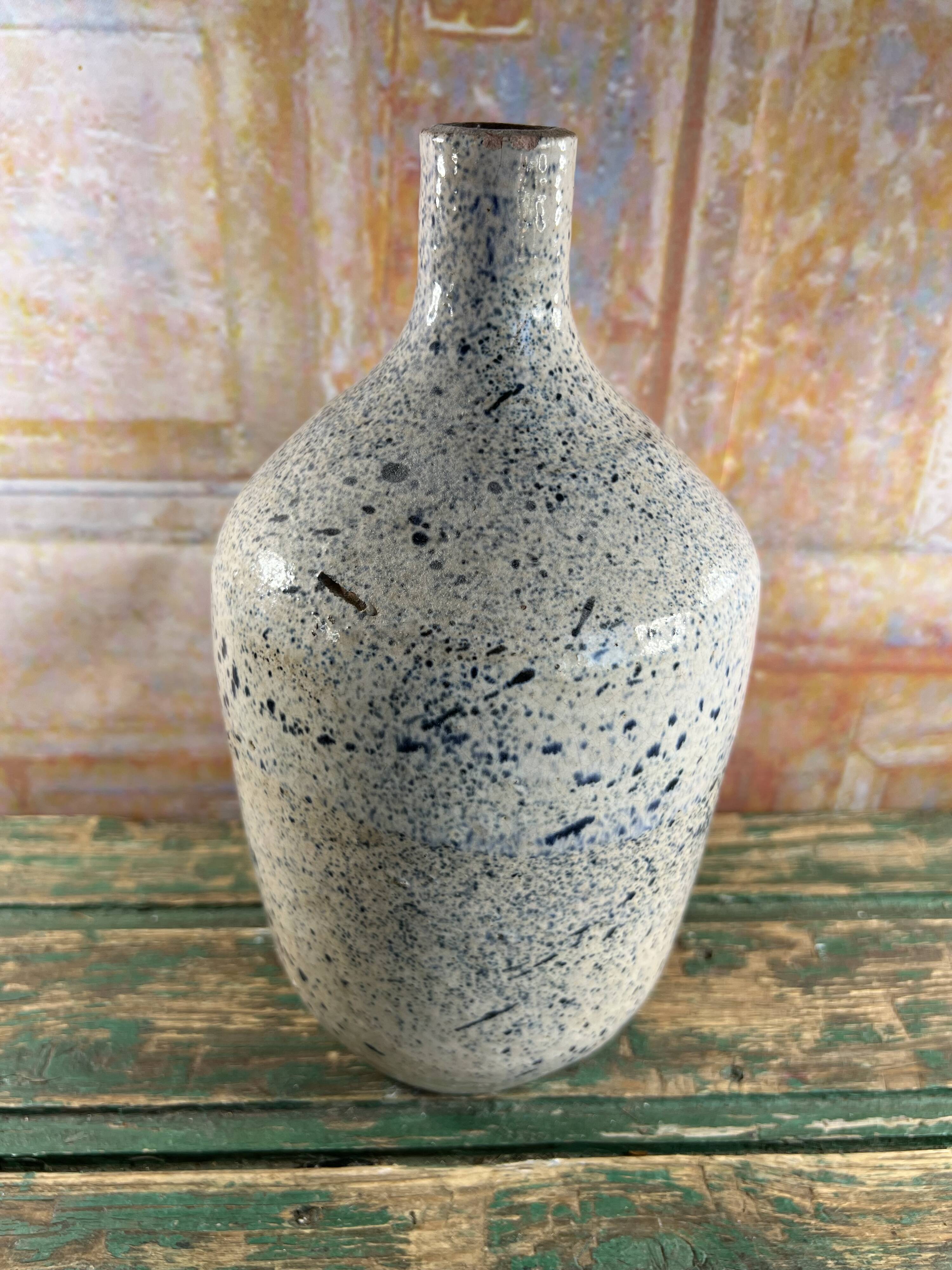 Speckled blue glazed stoneware vase – Vintage handmade ceramics – 28 cm