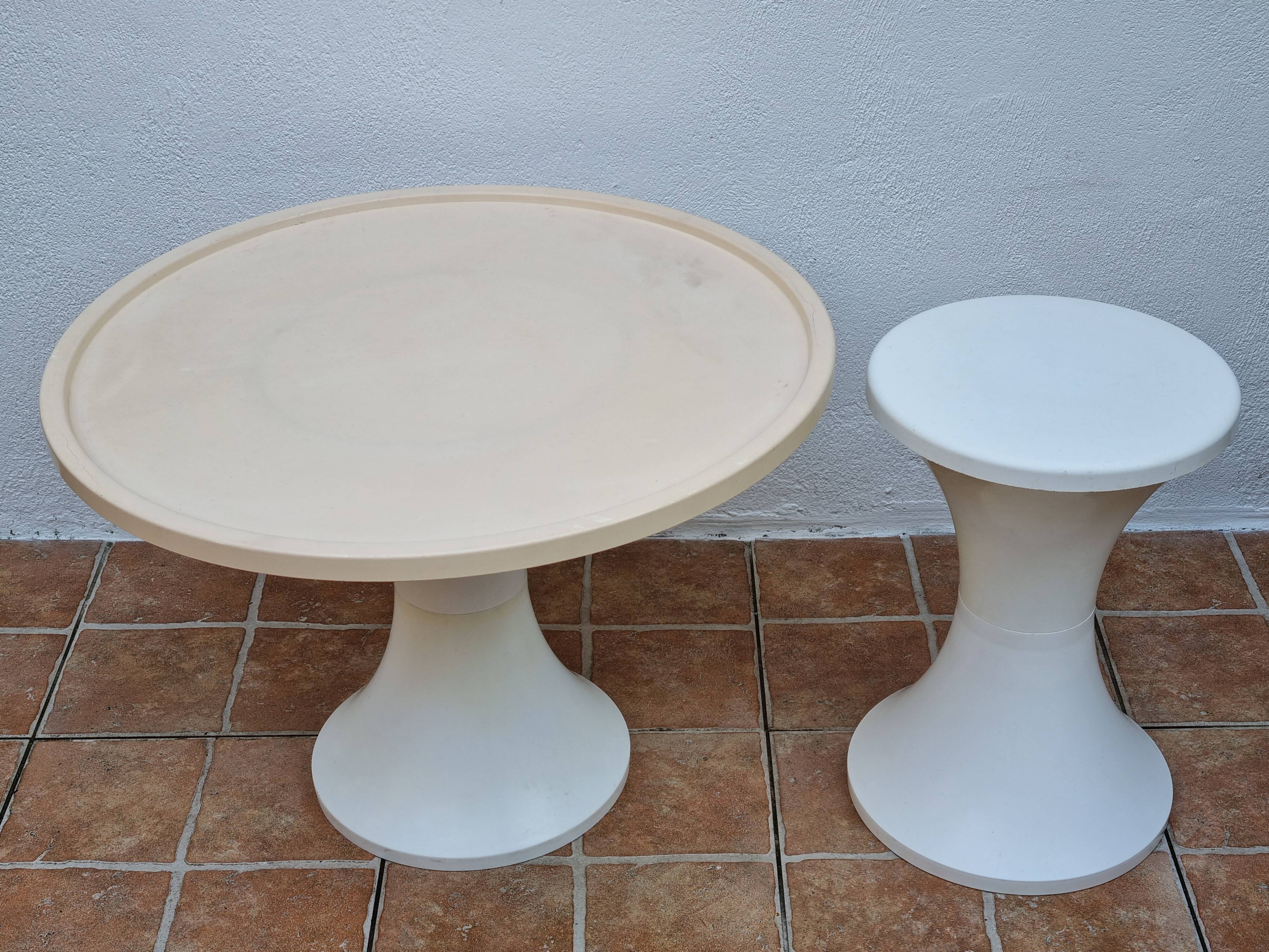 Stamped cream and white coffee table and stool, 1970s