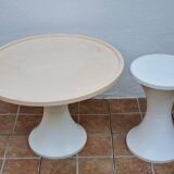Stamped cream and white coffee table and stool, 1970s