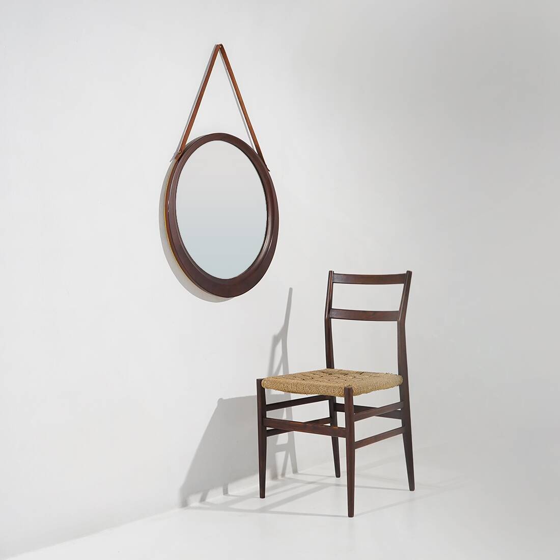 Round wall mirror with leather strap, 1960s