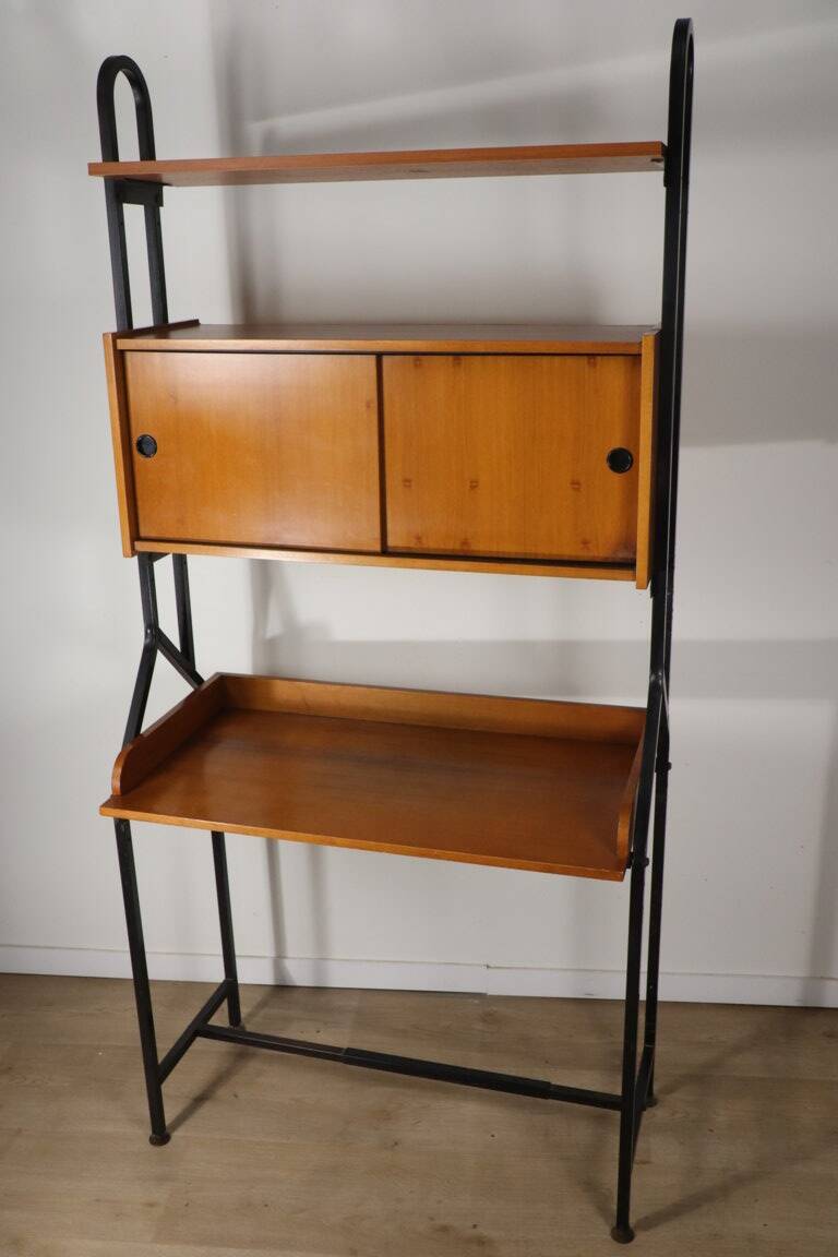 Vintage desk with modular bookcase in wood and metal, 1960