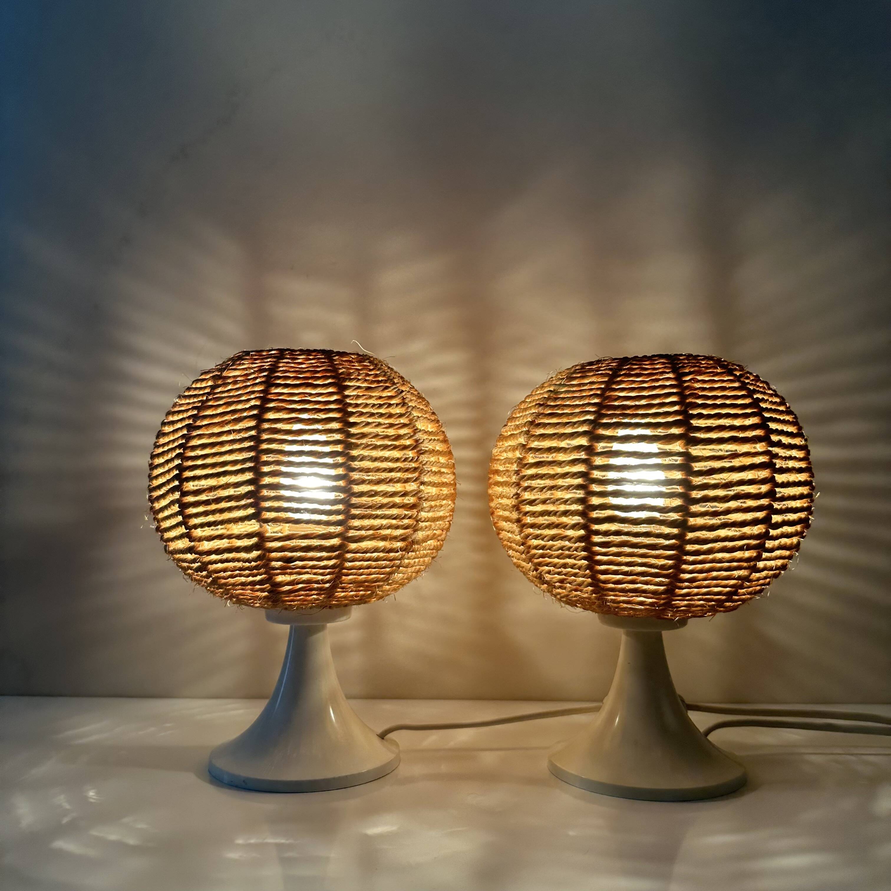 2 vintage table lamps, bedside lamp, sisal lamps, ball lamp, boho, mid-century interior