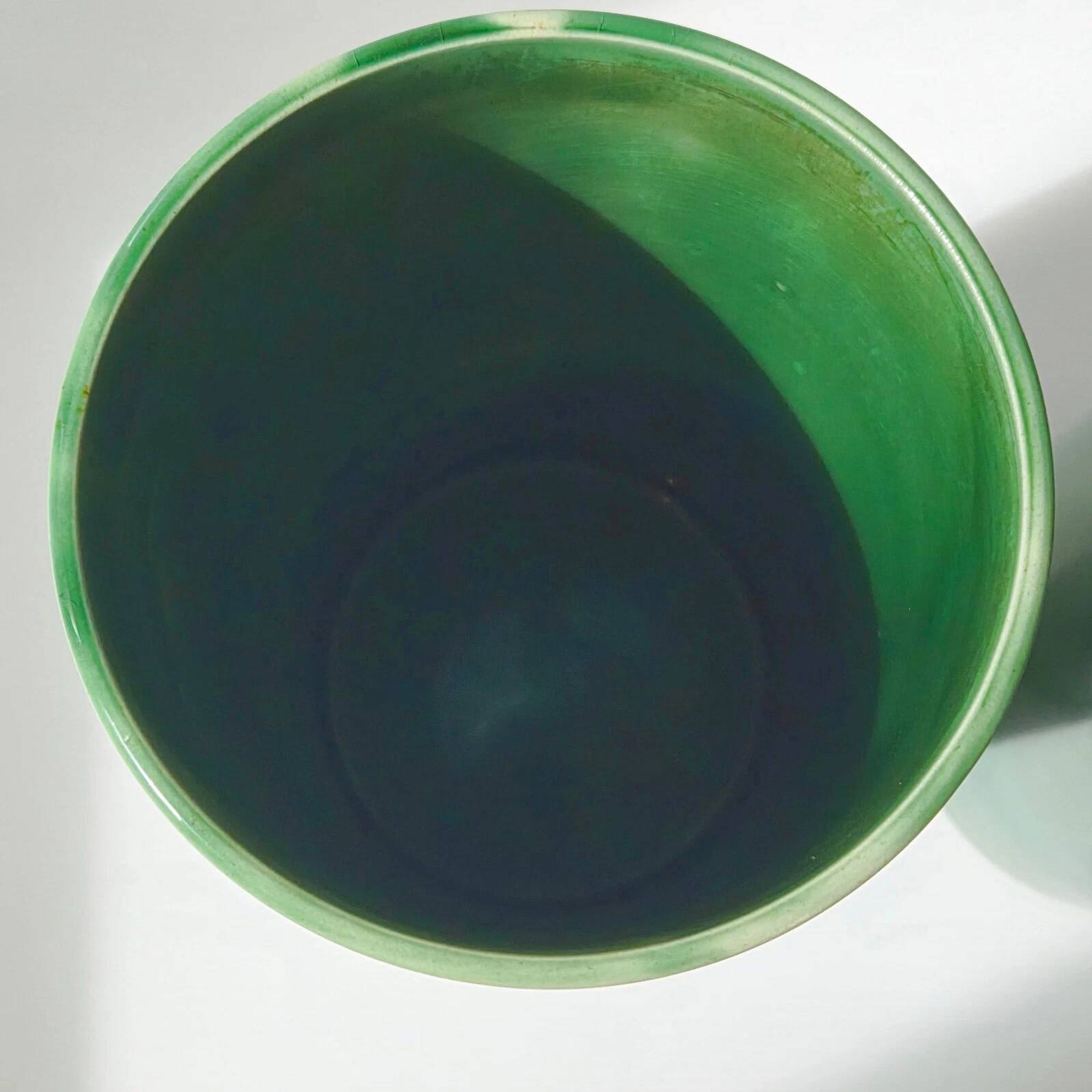 Pair of vintage 1950 rolled vases green ceramic signed 50s 1950s