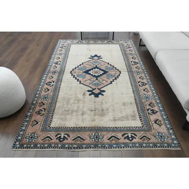 1970s Vintage Turkish Handmade Wool & Cotton Beige Area Rug 158x246