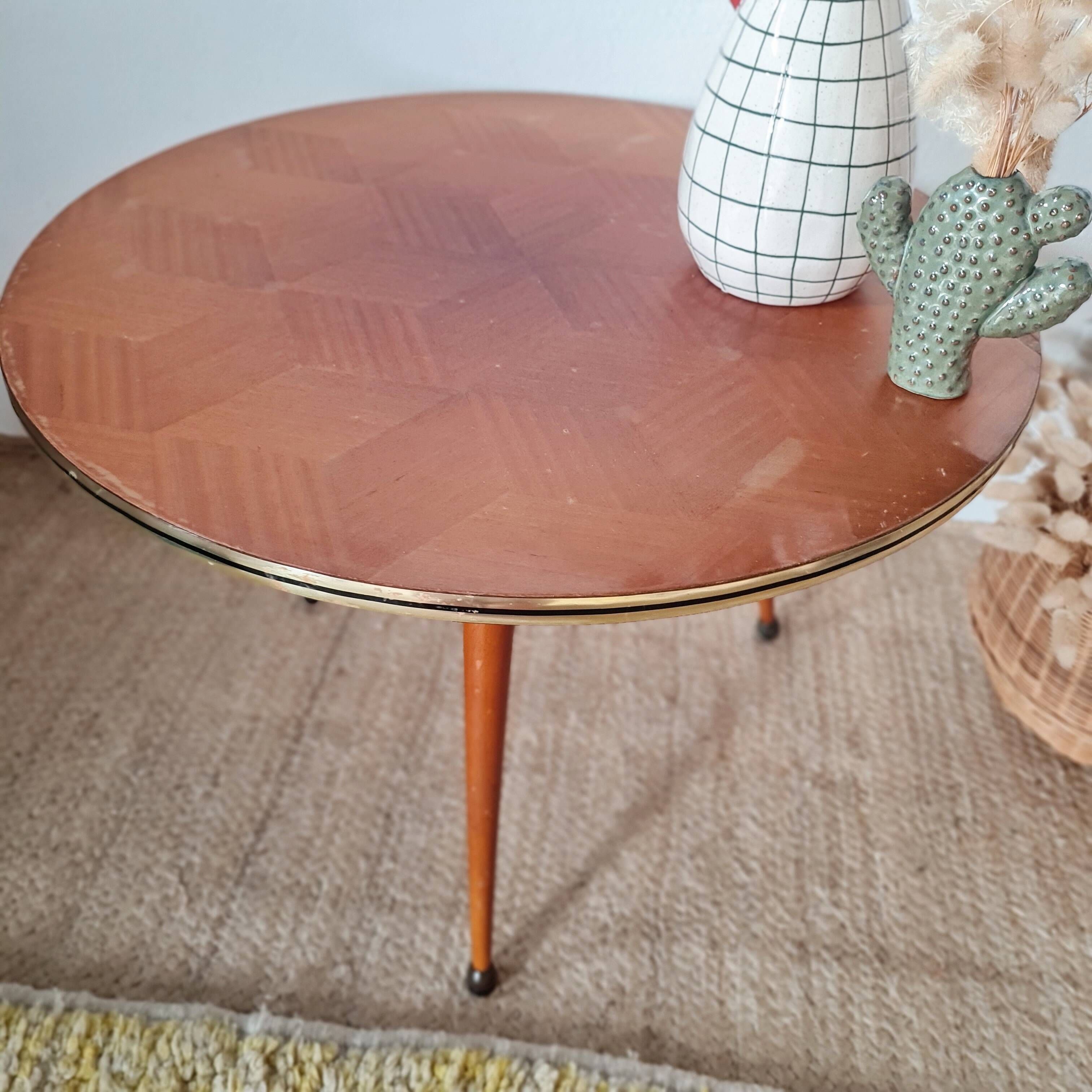 Vintage tripod side table, marquetry diamond-pattern top.