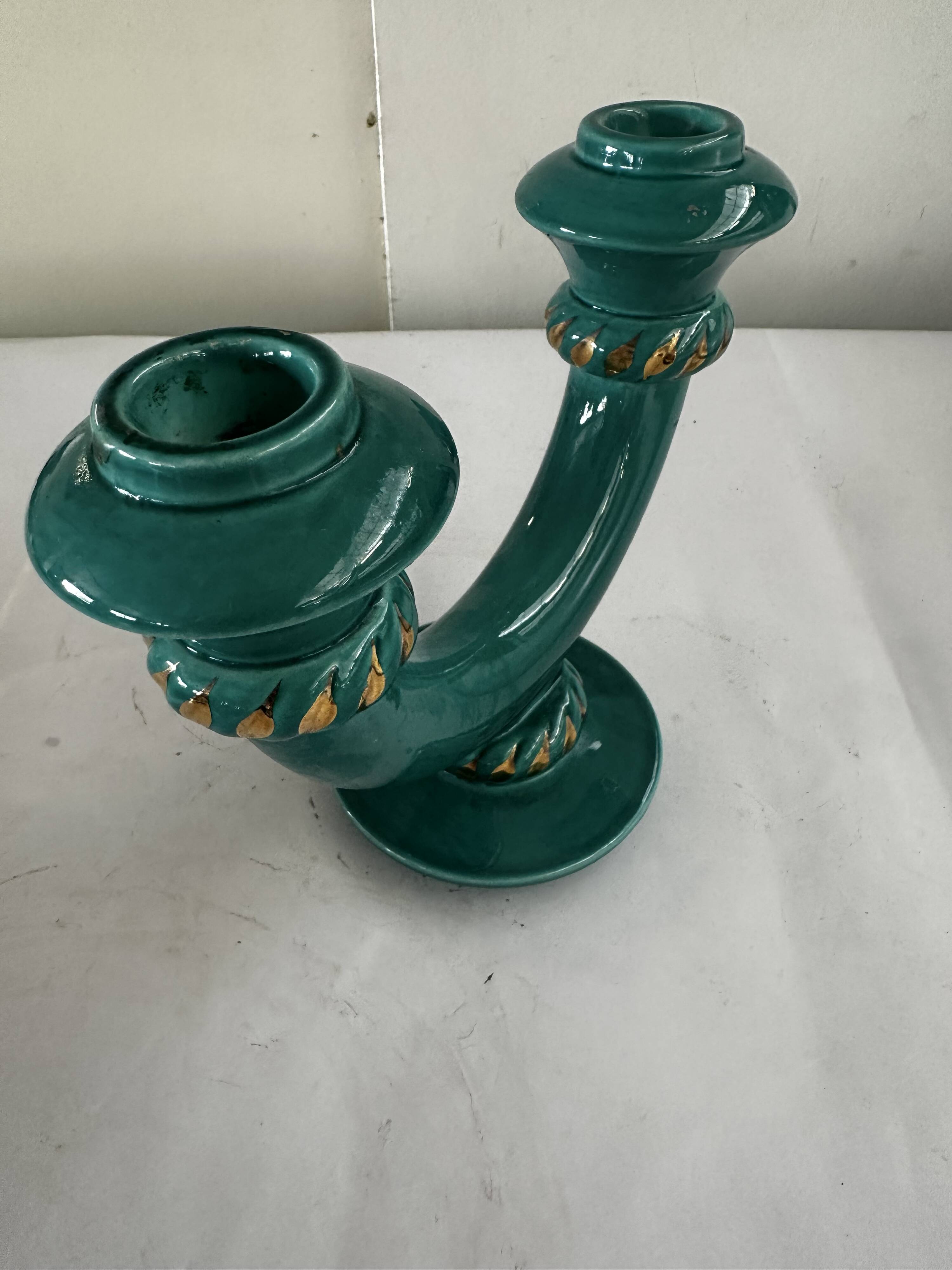 Art Deco candlestick in green and gold glazed ceramic, attributed to Vallauris